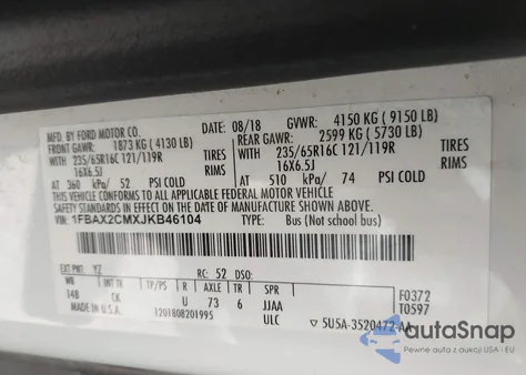 2018 Ford Transit-350 Xl z USA, uszkodzony, nr VIN 1FBAX2CMXJKB46104